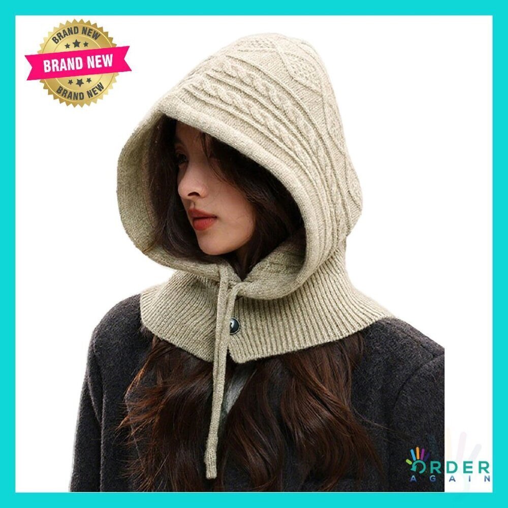 Knitted Balaclava Hooded Scarf Hat Adjustable Drawstring Winter Fashion